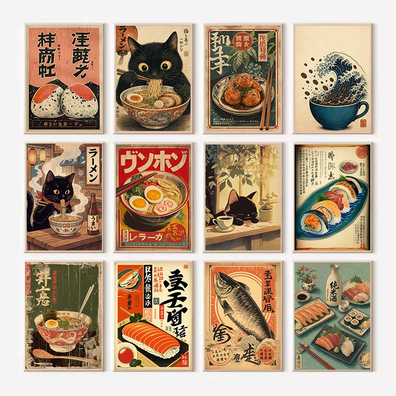 Japanese Food Lifestyle - โปสเตอร์ภาพวาดบนผ้าใบลายอาหารญี่ปุ่นวินเทจ เช่น ข้าวม้วน ซาชิมิ ราเมน ซูชิ