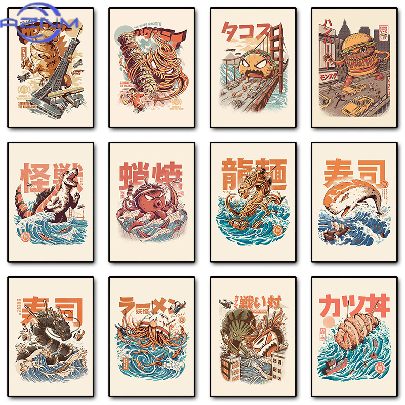 Japanese Food Lifestyle - AZNM ญี่ปุ่นไคจูส์อาหารซูชิราเมนเบอร์เกอร์ซิลล่าโปสเตอร์ภาพวาดบนผ้าใบวินเทจตลกศิลปะติดผนังสำหรับห้องครัวตกแต่งบ้าน