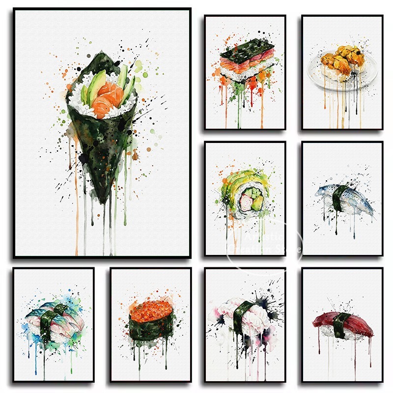 Japanese Food Lifestyle - ภาพวาดสีน้ำอาหารญี่ปุ่น ซูชิปลาไหล นิกิริ สลัดสาหร่าย กุนคันมากิ โปสเตอร์