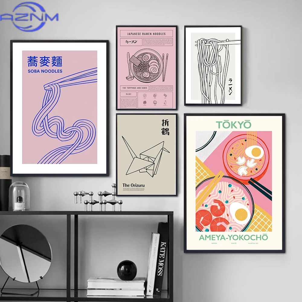 Japanese Food Lifestyle - AZNM AZNM โปสเตอร์ครัวญี่ปุ่น ภาพวาดติดผนังโซบะ ออริกามิ ภาพวาดบนผ้าใบแบบนามธรรม